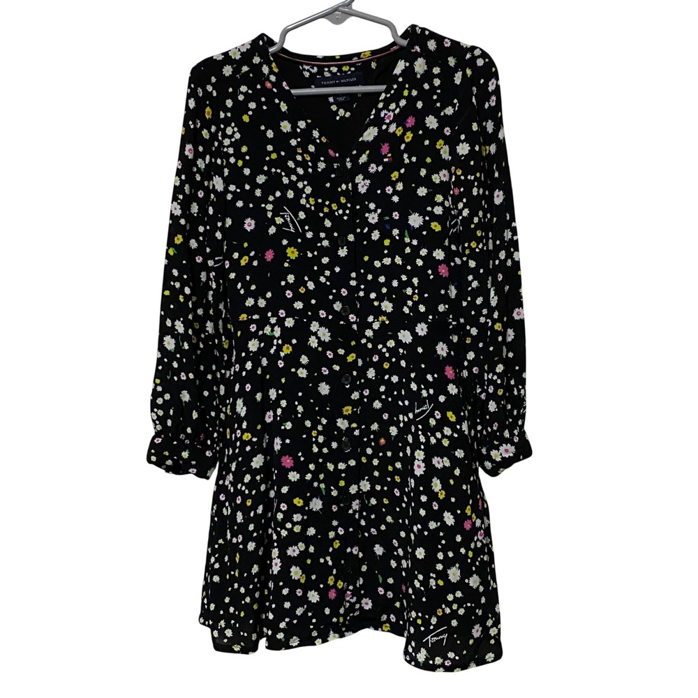 Tommy Hilfiger Girls Floral Button Front Dress Size 6 Black Bloomcore Flowers - Picture 1 of 7